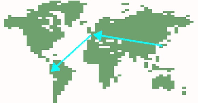 西回りでの行き方を矢印で入れた世界地図