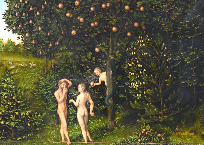 林檎をすすめられるアダムとイブの画像